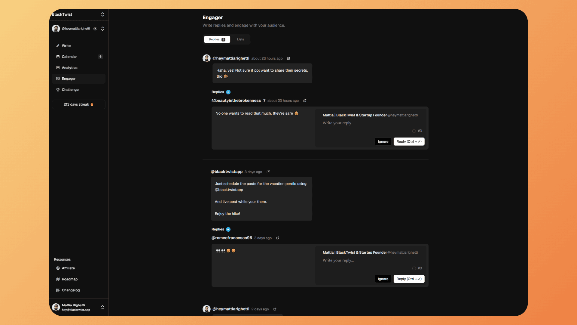 The Engager screen - Taken from one of the founder's account