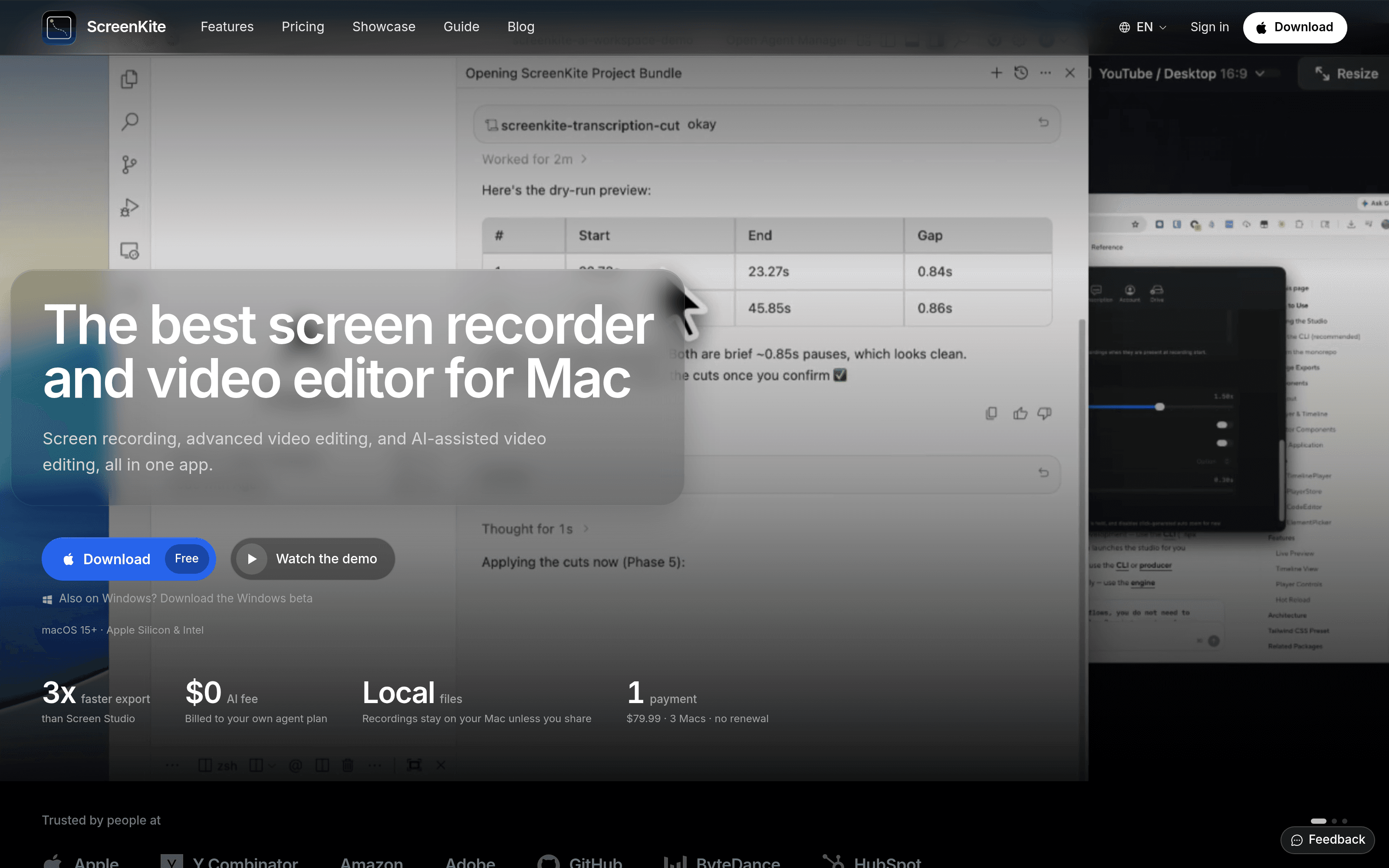 The ScreenKite home page, leading with 'The best screen recorder and video editor for Mac'.