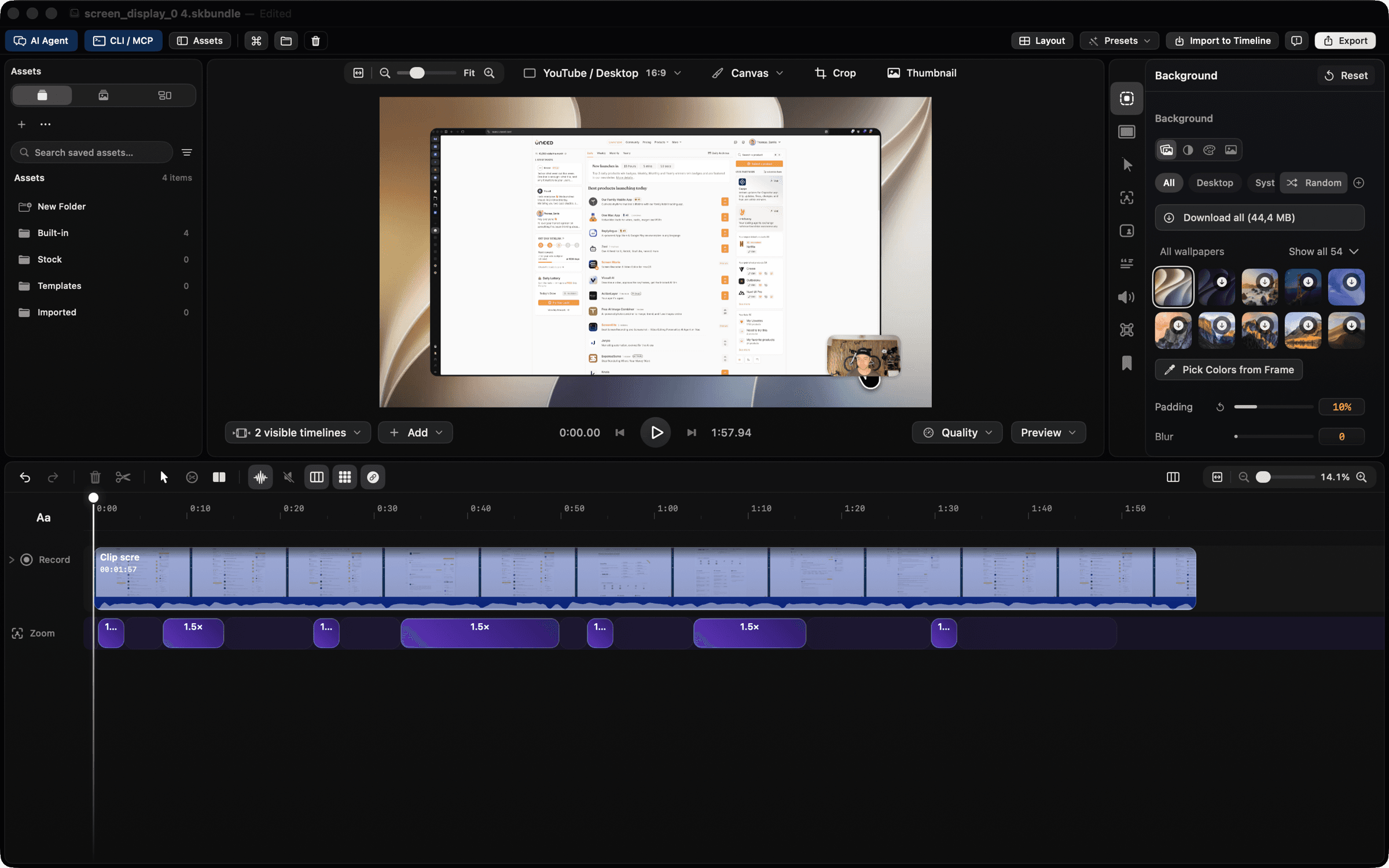 The editor right after recording, with the seven zooms auto zoom placed on the Zoom track under the clip.