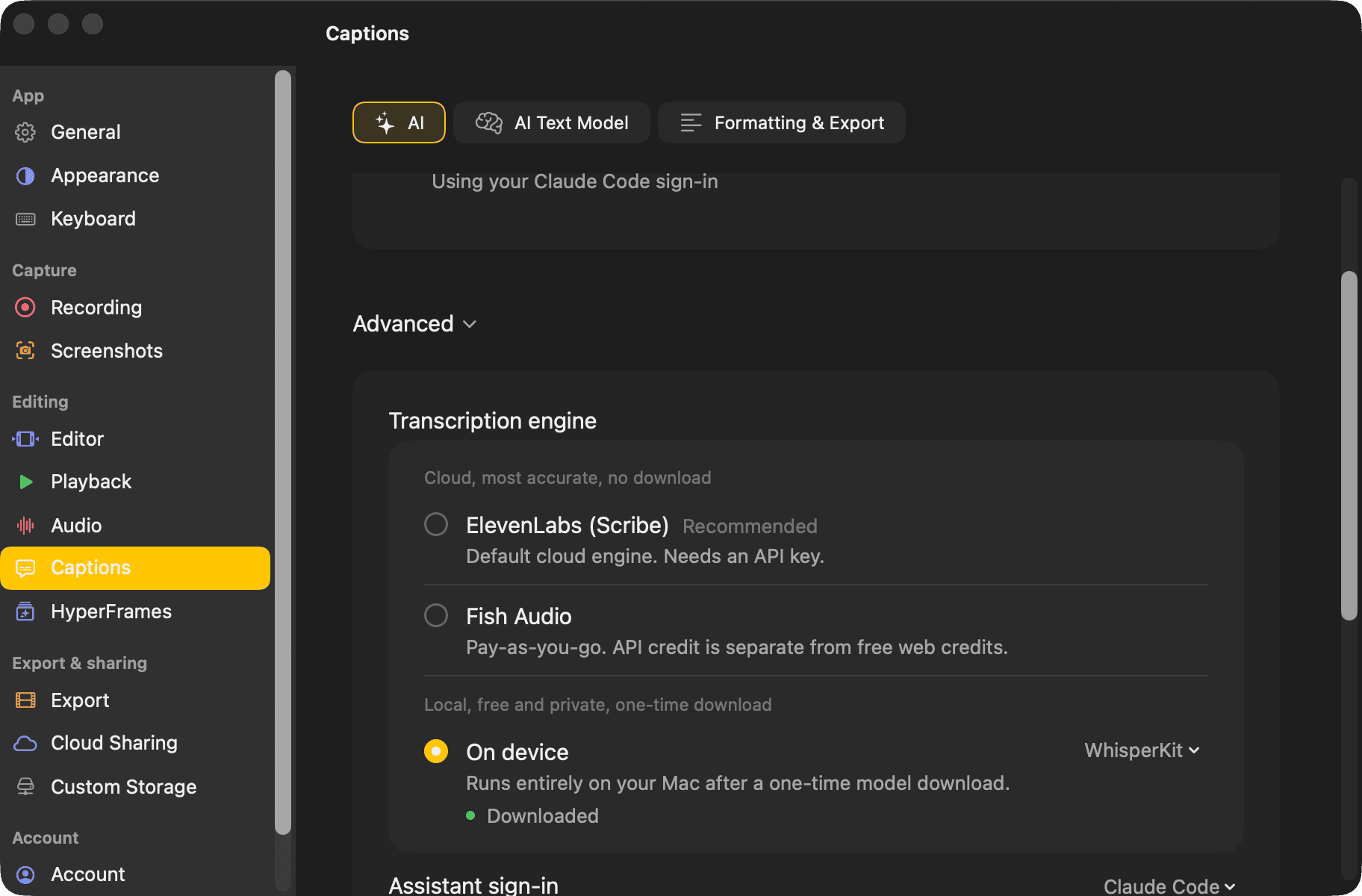 The transcription settings, with the On device engine set to WhisperKit and the model downloaded.