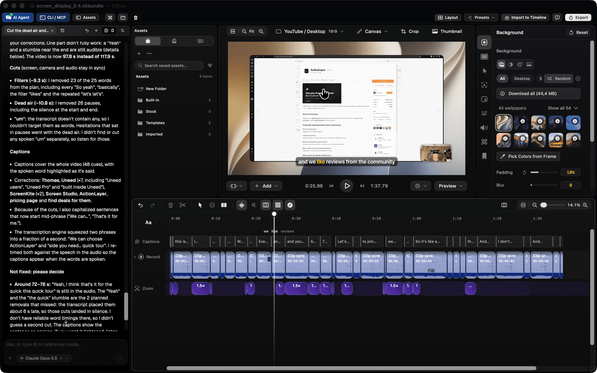 After the edit: the agent's report on the left, the cut-up timeline with the new Captions track, and a word-highlighted caption in the preview.