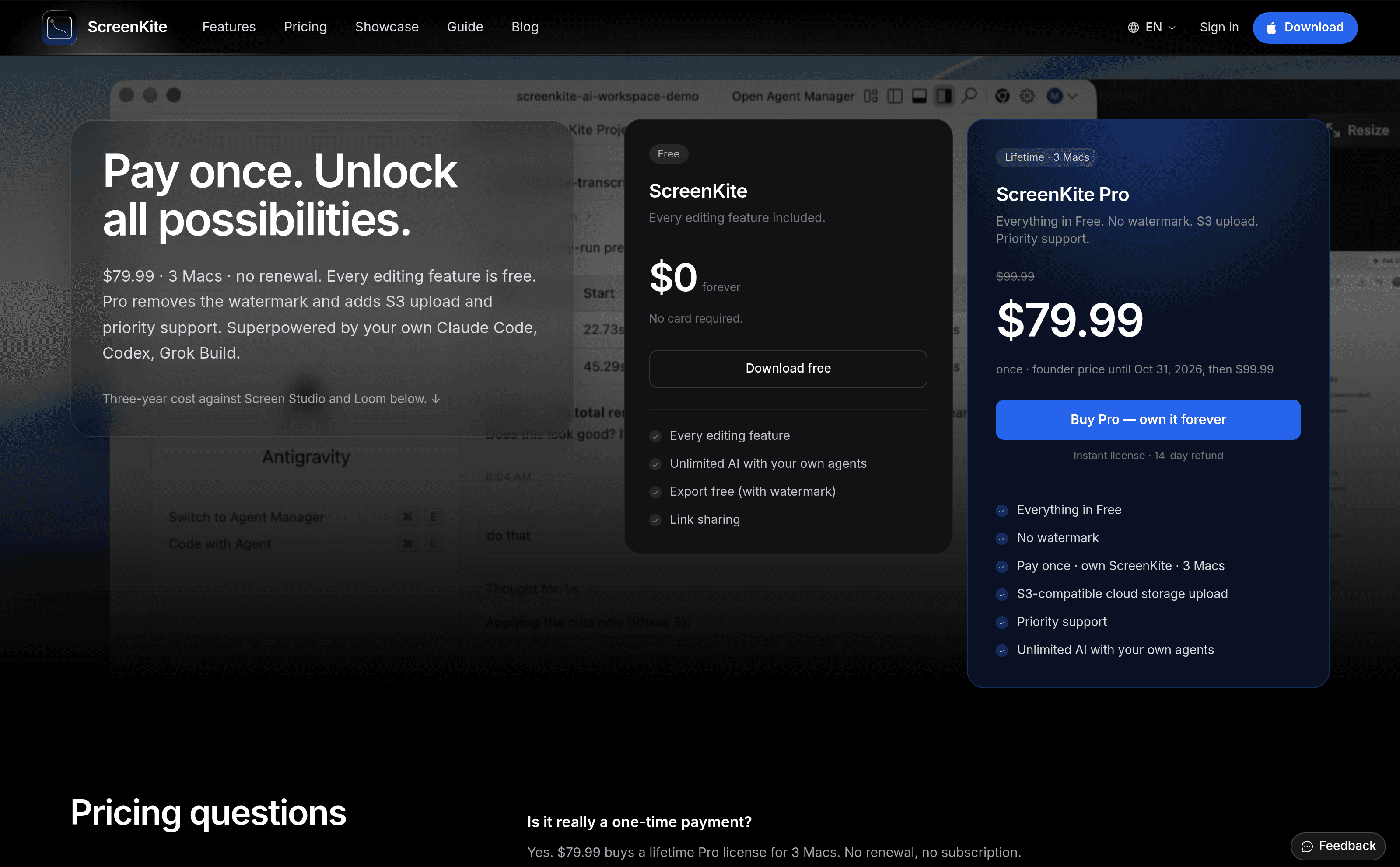 The pricing page: a free plan with every editing feature, and ScreenKite Pro at $79.99 once for 3 Macs.