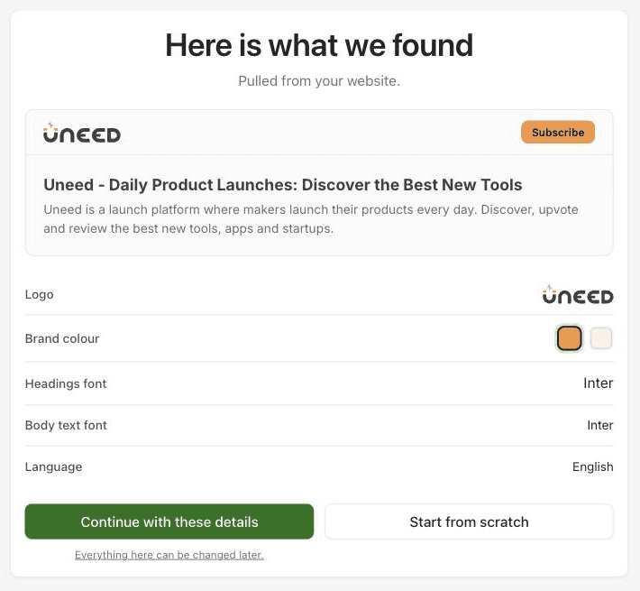 Superblog's onboarding after reading Uneed's homepage: logo, brand colour, fonts, language and description, pulled automatically.