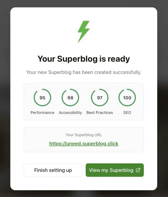 The first deploy, with Lighthouse scores shown right away.