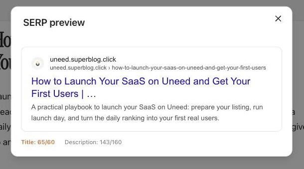 The SERP preview for my test post, flagging a title that runs too long.