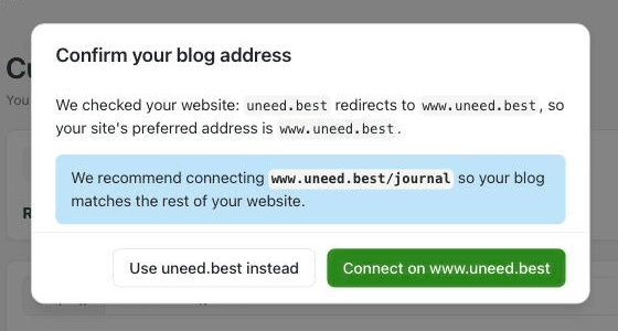 Superblog noticing that our domain redirects to www, and recommending the matching address for the blog.
