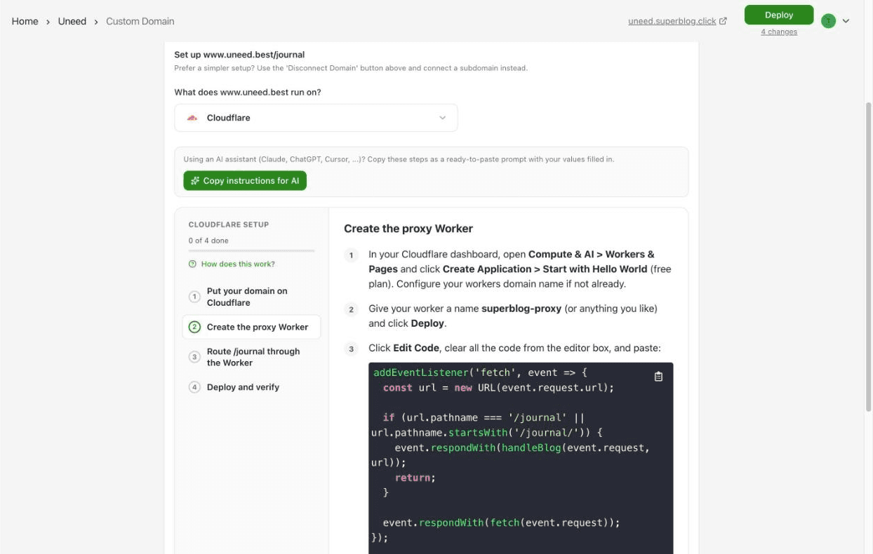 The Cloudflare setup for a subdirectory: four steps and a proxy Worker pre-filled with the /journal path.